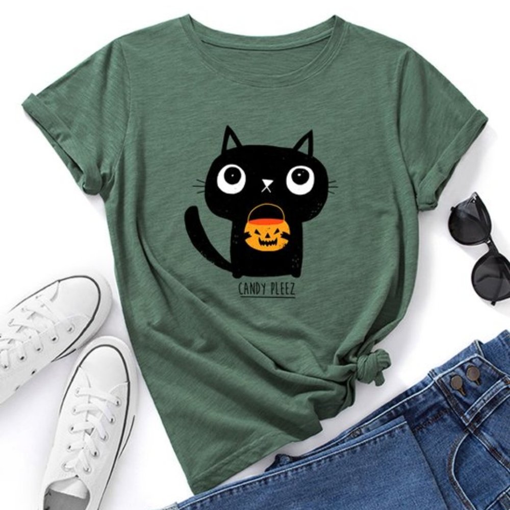 NWT 🎃 Teedino | Army Green 'Candy Pleez' Cat Tee - sz 12/14